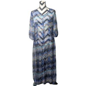Mossée Australia Blue Geometric Print Sheer Button Front Maxi Dress